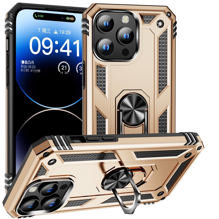

For iPhone 16 Pro Shockproof TPU Hybrid PC Phone Case with Holder(Gold)
