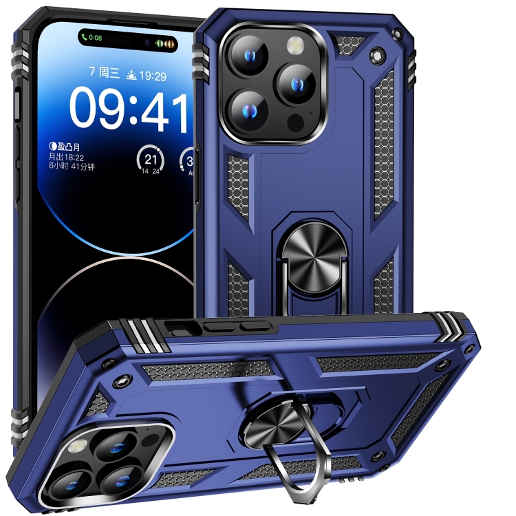 

For iPhone 16 Pro Shockproof TPU Hybrid PC Phone Case with Holder(Blue)