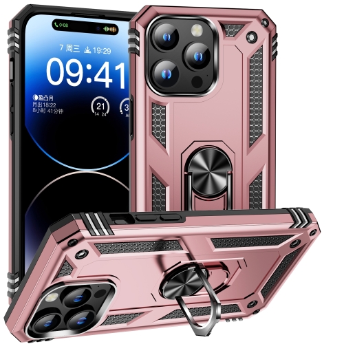 

For iPhone 16 Pro Shockproof TPU Hybrid PC Phone Case with Holder(Rose Gold)