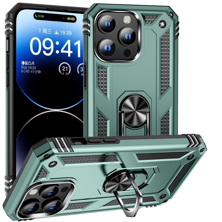 

For iPhone 16 Pro Shockproof TPU Hybrid PC Phone Case with Holder(Dark Green)