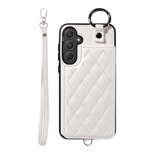 

For Samsung Galaxy A55 5G Rhombic Texture Card Bag Phone Case with Short Lanyard(White)