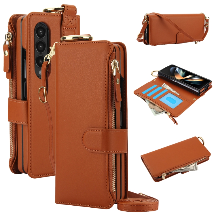 

For Samsung Galaxy Z Fold4 Crossbody Ring Multifunctional Wallet Fold Leather Phone Case(Brown)