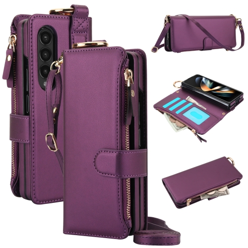 

For Samsung Galaxy Z Fold3 5G Crossbody Ring Multifunctional Wallet Fold Leather Phone Case(Dark Purple)