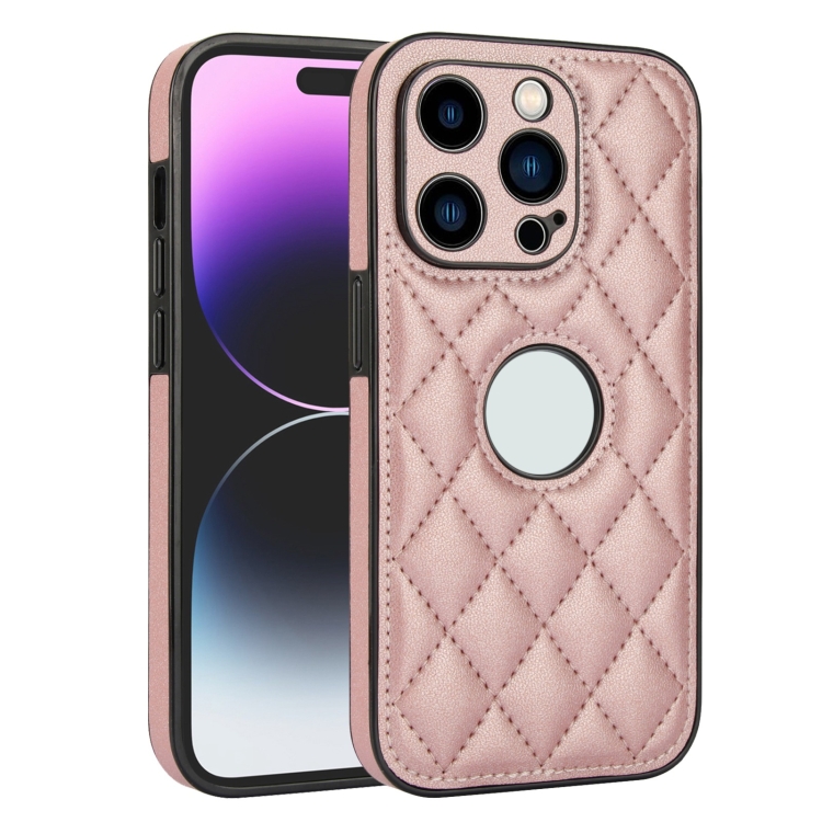 

For iPhone 14 Pro Rhombic Leather Back Cover Phone Case(Rose Gold)