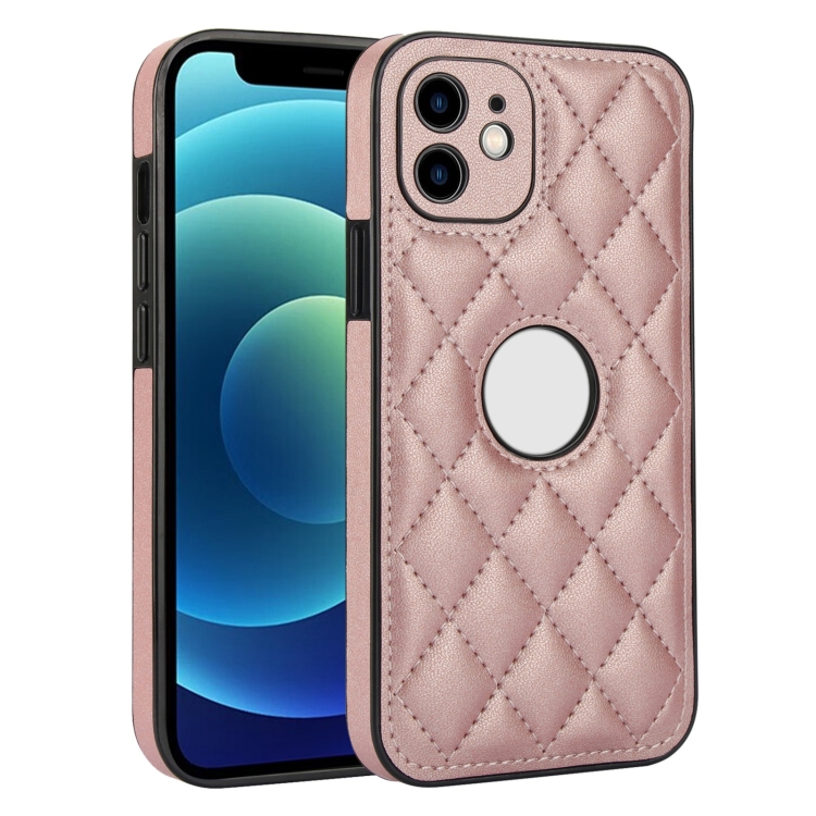 

For iPhone 12 Rhombic Leather Back Cover Phone Case(Rose Gold)