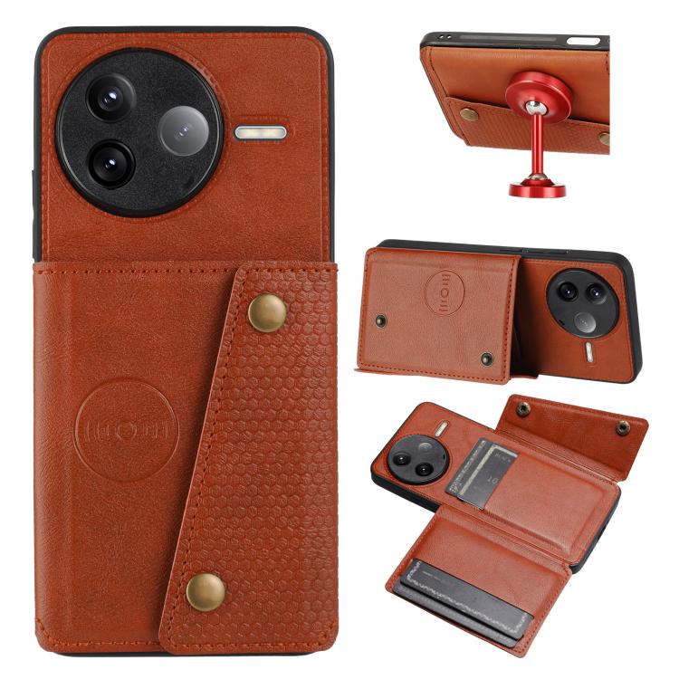 

For Redmi K80 Double Buckle Card Slots Magnetic Phone Case(Brown)