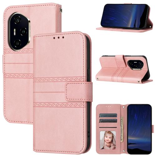 

For Honor 300 Pro 5G / 300 Ultra 5G Embossed Stripes Skin Feel Leather Phone Case(Pink)