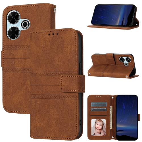 

For Redmi 13 4G Embossed Stripes Skin Feel Leather Phone Case(Brown)