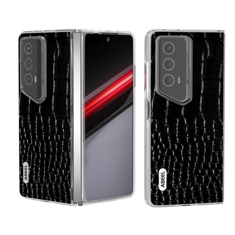 

For Honor Magic V2 RSR Porsche Design ABEEL Transparent Frame Genuine Leather Crocodile Pattern Phone Case(Black)