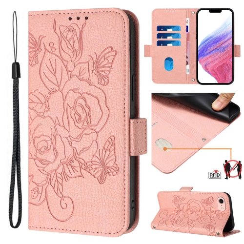 

For iPhone SE 2022 / SE 2020 / 8 / 7 Embossed Rose RFID Anti-theft Leather Phone Case(Pink)