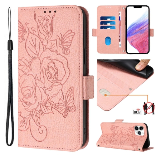 

For iPhone 11 Pro Max Embossed Rose RFID Anti-theft Leather Phone Case(Pink)