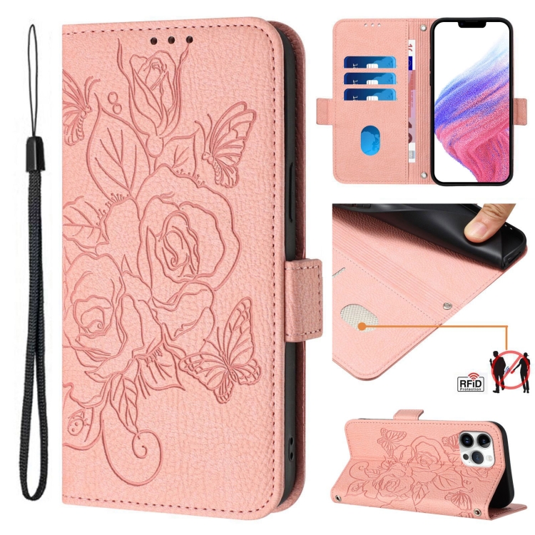 

For iPhone 12 Pro Max Embossed Rose RFID Anti-theft Leather Phone Case(Pink)