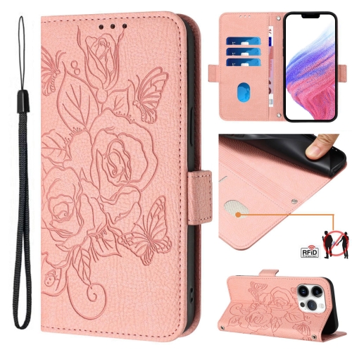 

For iPhone 15 Pro Embossed Rose RFID Anti-theft Leather Phone Case(Pink)