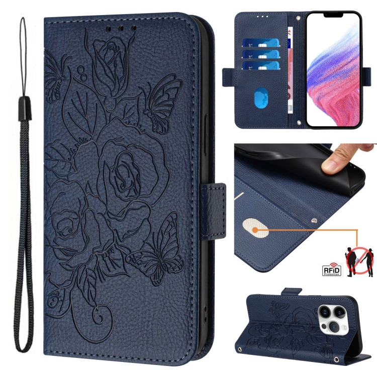 

For iPhone 15 Pro Embossed Rose RFID Anti-theft Leather Phone Case(Dark Blue)