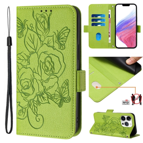 

For iPhone 15 Pro Max Embossed Rose RFID Anti-theft Leather Phone Case(Green)