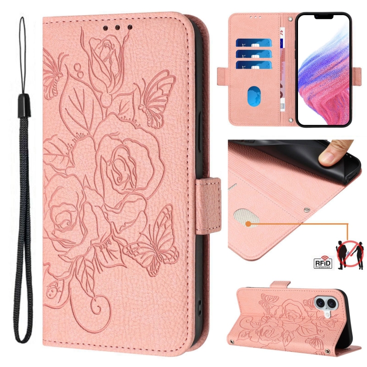 

For iPhone 16 Plus Embossed Rose RFID Anti-theft Leather Phone Case(Pink)