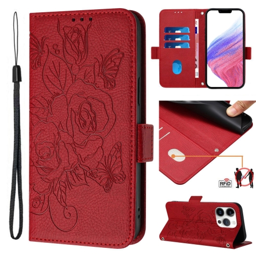 

For iPhone 16 Pro Embossed Rose RFID Anti-theft Leather Phone Case(Red)