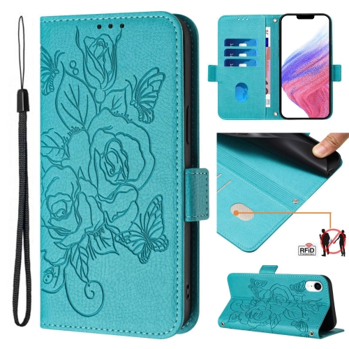 

For iPhone XR Embossed Rose RFID Anti-theft Leather Phone Case(Light Blue)