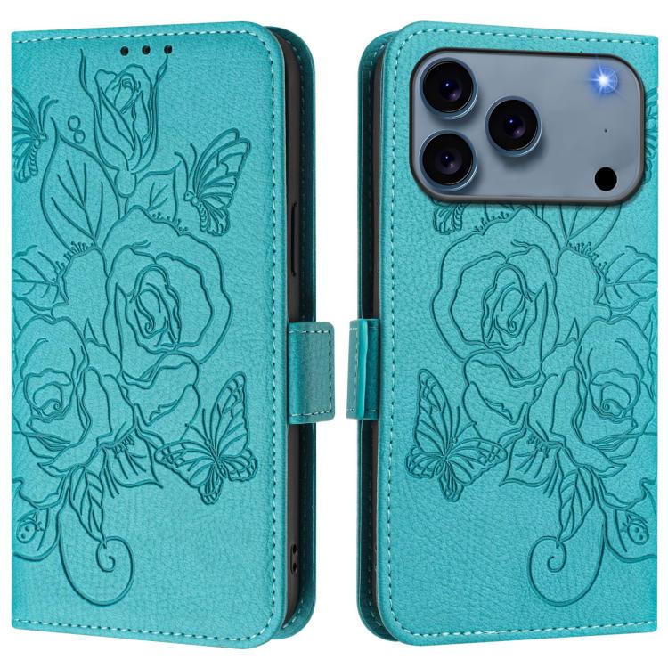

For iPhone 17 Pro Embossed Rose RFID Anti-theft Leather Phone Case(Light Blue)