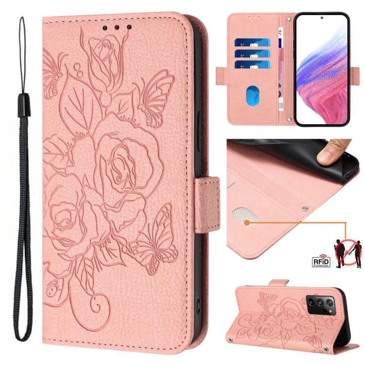 

For Samsung Galaxy Note20 Embossed Rose RFID Anti-theft Leather Phone Case(Pink)
