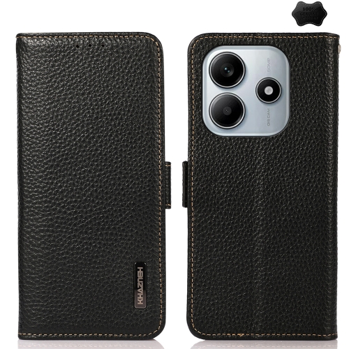 

For Redmi Note 14 5G KHAZNEH Side-Magnetic Litchi Genuine Leather RFID Phone Case(Black)