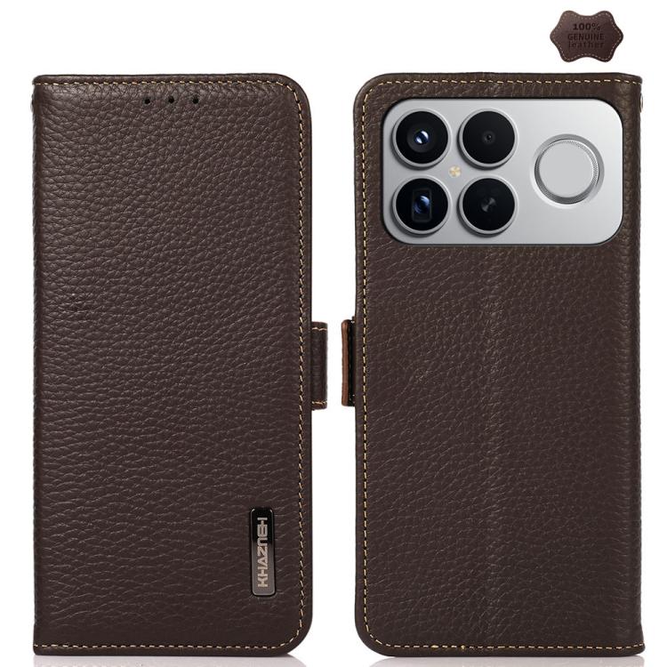 

For Redmi K90 Pro Max/Poco F8 Ultra KHAZNEH Side-Magnetic Litchi Genuine Leather RFID Phone Case(Brown)