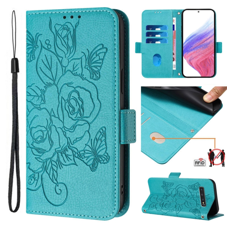 

For Samsung Galaxy S10+ Embossed Rose RFID Anti-theft Leather Phone Case(Light Blue)