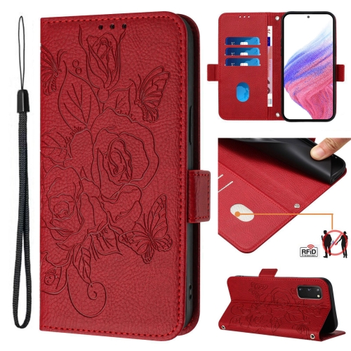 

For Samsung Galaxy S20 FE 5G / 4G Embossed Rose RFID Anti-theft Leather Phone Case(Red)