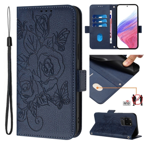 

For Samsung Galaxy S20 Ultra Embossed Rose RFID Anti-theft Leather Phone Case(Dark Blue)