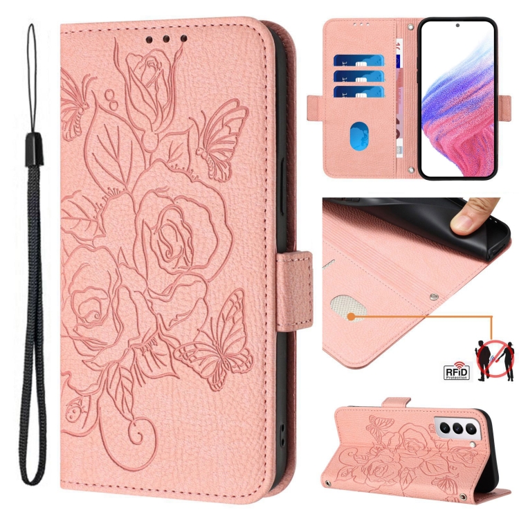 

For Samsung Galaxy S21 FE 5G Embossed Rose RFID Anti-theft Leather Phone Case(Pink)