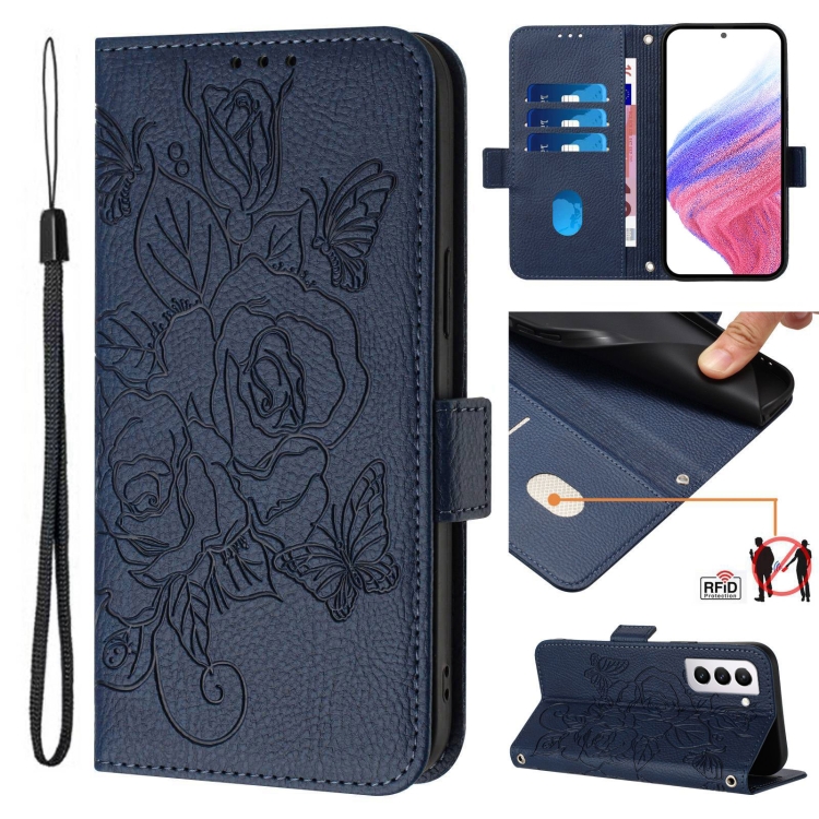 

For Samsung Galaxy S21+ 5G Embossed Rose RFID Anti-theft Leather Phone Case(Dark Blue)