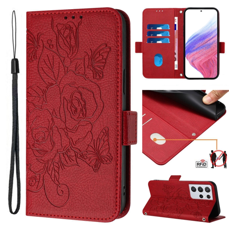

For Samsung Galaxy S21 Ultra 5G Embossed Rose RFID Anti-theft Leather Phone Case(Red)