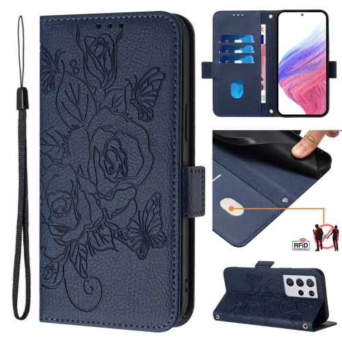 

For Samsung Galaxy S21 Ultra 5G Embossed Rose RFID Anti-theft Leather Phone Case(Dark Blue)