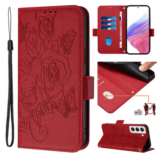 

For Samsung Galaxy S22 5G Embossed Rose RFID Anti-theft Leather Phone Case(Red)