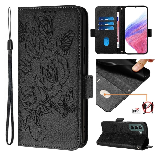 

For Samsung Galaxy S22+ 5G Embossed Rose RFID Anti-theft Leather Phone Case(Black)