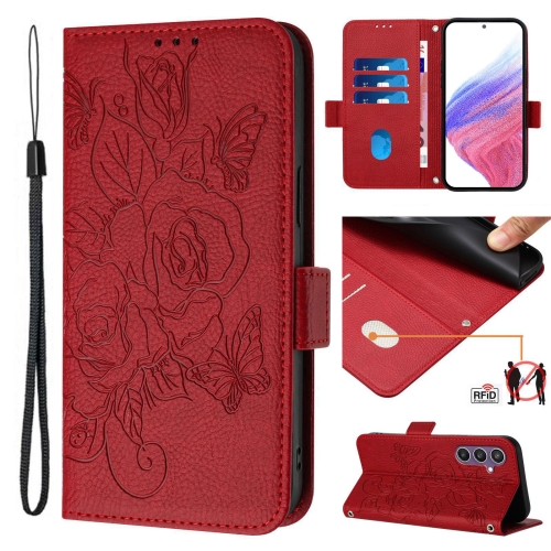 

For Samsung Galaxy S23 FE 5G Embossed Rose RFID Anti-theft Leather Phone Case(Red)