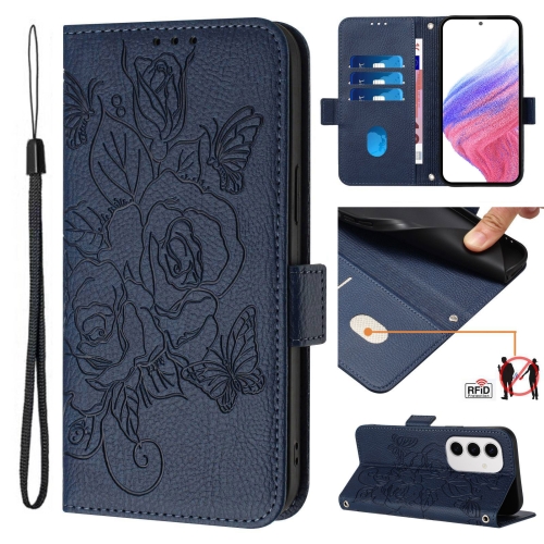 

For Samsung Galaxy S24 FE 5G Embossed Rose RFID Anti-theft Leather Phone Case(Dark Blue)