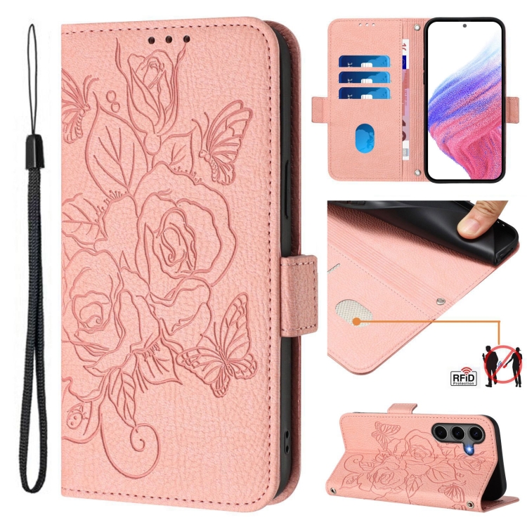 

For Samsung Galaxy S25+ 5G Embossed Rose RFID Anti-theft Leather Phone Case(Pink)