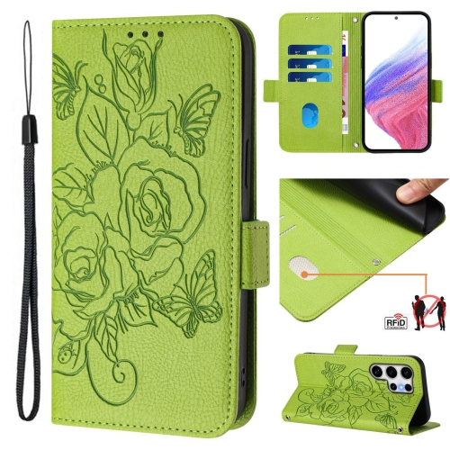 

For Samsung Galaxy S25 Ultra 5G Embossed Rose RFID Anti-theft Leather Phone Case(Green)