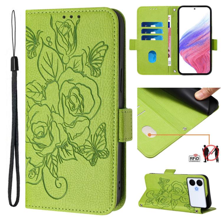 

For Samsung Galaxy S26 Edge 5G Embossed Rose RFID Anti-theft Leather Phone Case(Green)