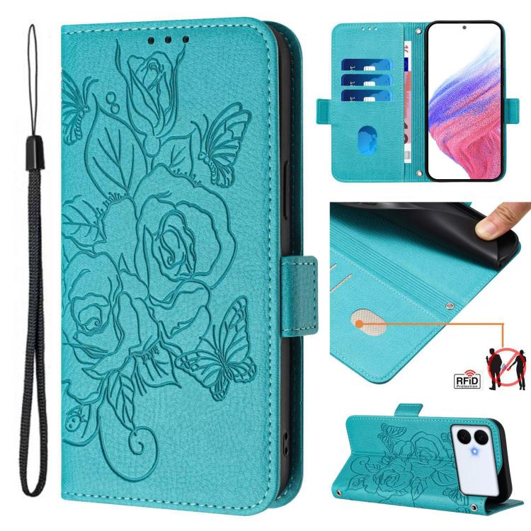 

For Samsung Galaxy S26 Edge 5G Embossed Rose RFID Anti-theft Leather Phone Case(Light Blue)