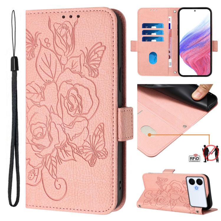 

For Samsung Galaxy S26 Edge 5G Embossed Rose RFID Anti-theft Leather Phone Case(Pink)