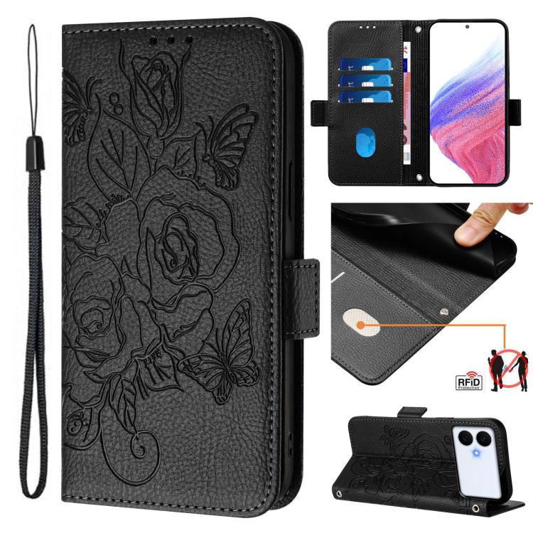 

For Samsung Galaxy S26 Edge 5G Embossed Rose RFID Anti-theft Leather Phone Case(Black)