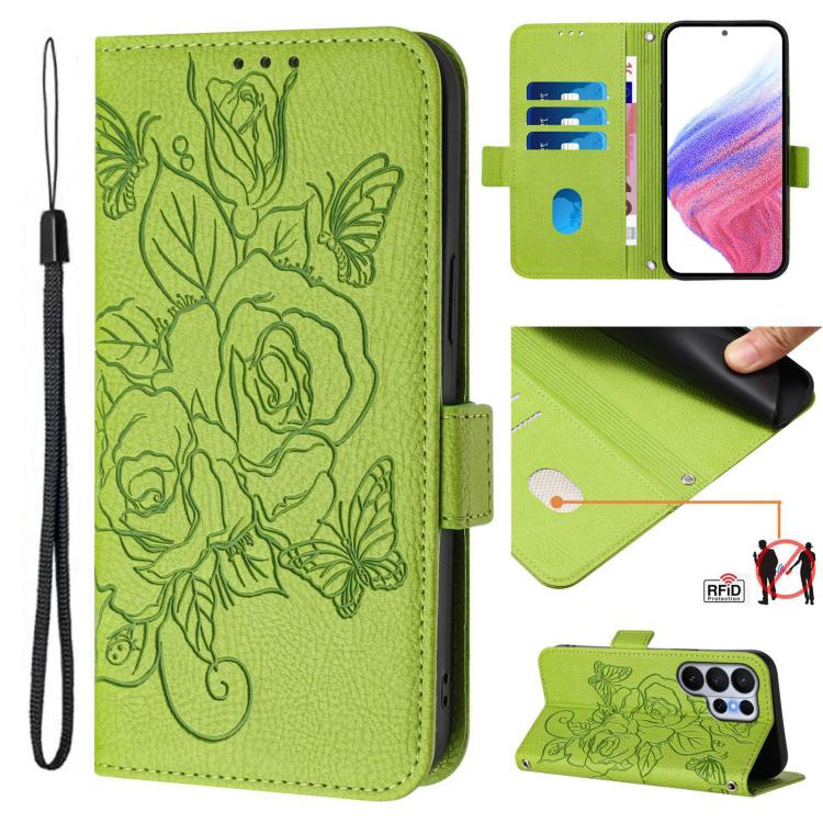 

For Samsung Galaxy S26 Ultra 5G Embossed Rose RFID Anti-theft Leather Phone Case(Green)