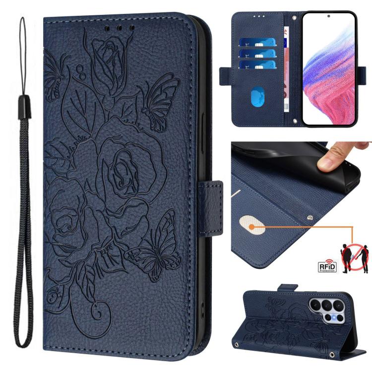

For Samsung Galaxy S26 Ultra 5G Embossed Rose RFID Anti-theft Leather Phone Case(Dark Blue)