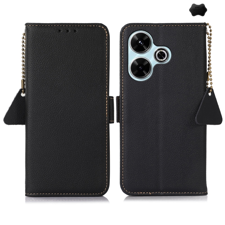 

For Redmi 13 4G Side-Magnetic TJ Genuine Leather RFID Phone Case(Black)