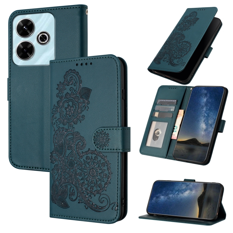 

For Redmi 13 4G Datura Flower Embossed Flip Leather Phone Case(Dark Green)