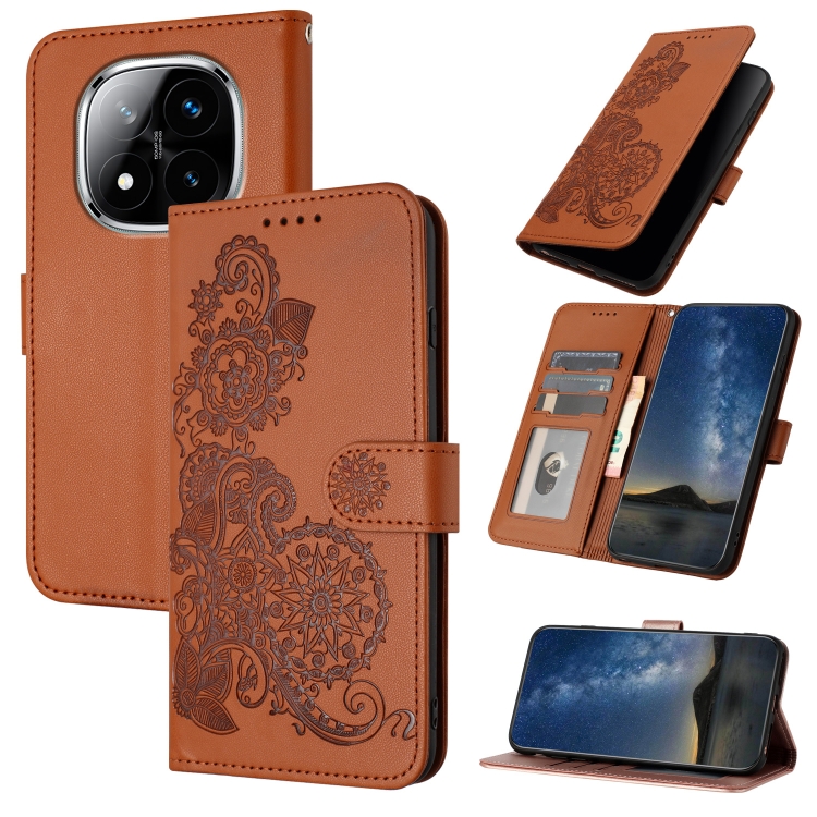 

For Redmi Note 14 Pro+ 5G Datura Flower Embossed Flip Leather Phone Case(Brown)