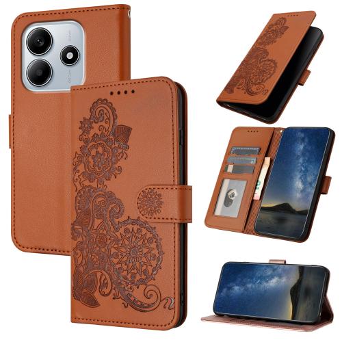 

For Redmi Note 14 4G 163.25mm Datura Flower Embossed Flip Leather Phone Case(Brown)