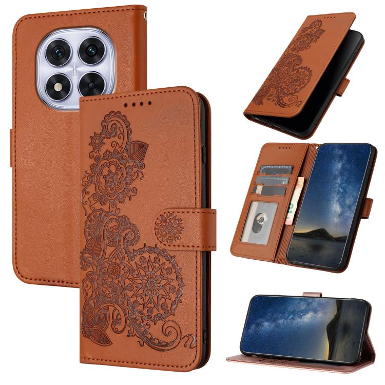 

For Redmi Note 14 Pro 4G Datura Flower Embossed Flip Leather Phone Case(Brown)